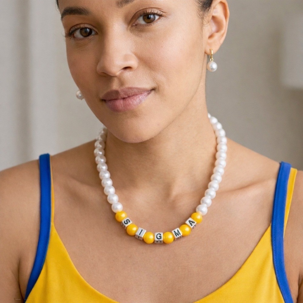 Sigma Gamma Rho Necklace White &‎ Gold Pearls and Silver Blocks